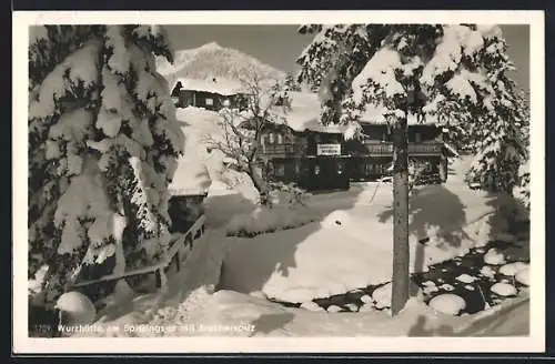 AK Wurzhütte am Spitzingsee, Ortspartie im Winter mit Brecherspitz