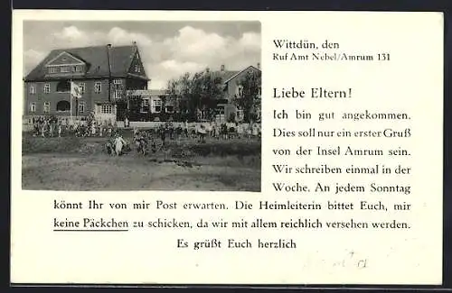 AK Wittdün /Amrum, DRK-Kindererholungsheim mit Kindern u. Pflegerin, An Eltern gerichtete Karte des Heims