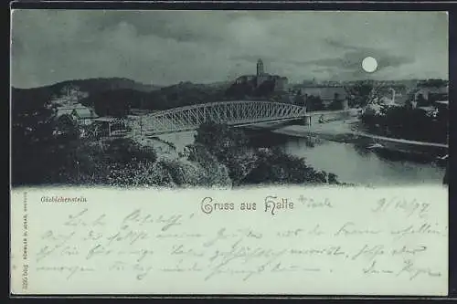 Mondschein-AK Halle / Saale, Giebichenstein mit Brücke aus der Vogelschau