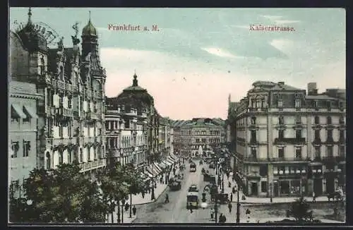 AK Frankfurt a. M., Kaiserstrasse mit Strassenbahnen aus der Vogelschau