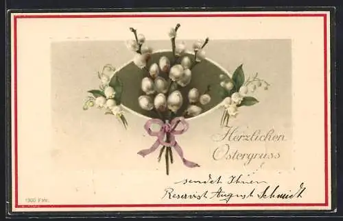 AK Weidenkätzchen mit Schleife, Maiglöckchen, Ostergruss