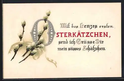 AK Weidenkätzchen mit einer Schleife