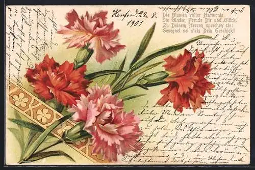 AK Rote und rosafarbene Nelken mit Ornament