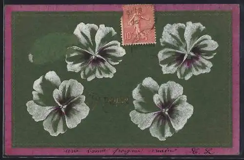 Präge-AK J`y pense, Vier violette Stiefmütterchen