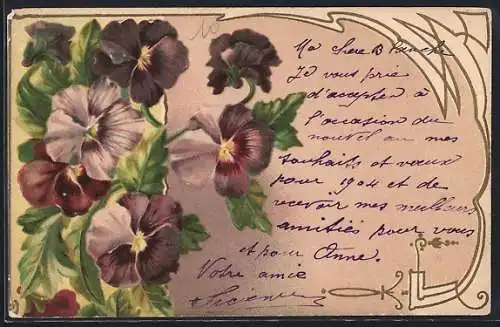 Präge-AK Stiefmütterchen mit Blättern, Ornament