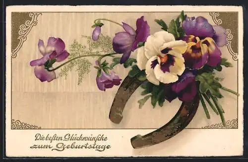 AK Stiefmütterchen mit einem Hufeisen, Geburtstagsgruss