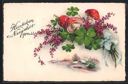 AK Winterliche Landschaft, Fliegenpilze mit Kleeblättern, Neujahrsgruss