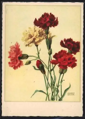 AK Rote und gelbe Nelken mit Knospen