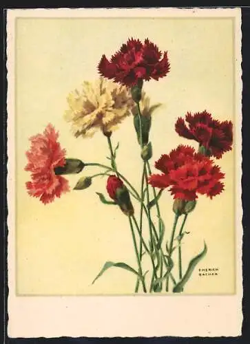 AK Rote und gelbe Nelken mit Knospen