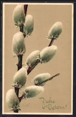 AK Zweig mit weissen Weidenkätzchen, Ostergruss