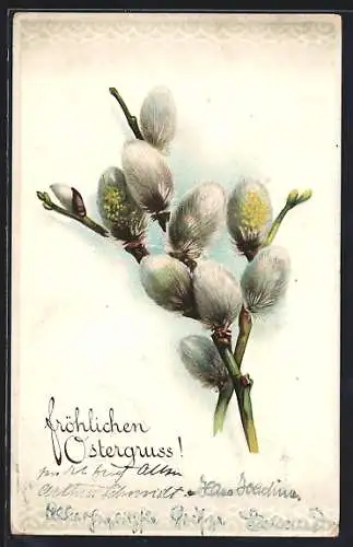 Präge-AK Weidenkätzchen, Ostergruss
