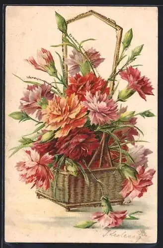 AK Rosafarbene und rote Nelken im Korb