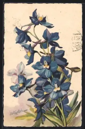 AK Bläuliche Veilchen mit Blättern