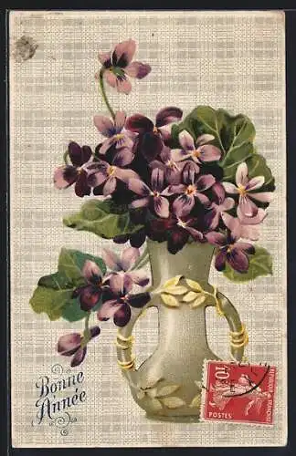 Präge-AK Vase mit Veilchen, Neujahrsgruss