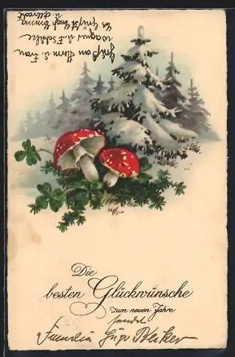 AK Fliegenpilze in winterlicher Landschaft, Neujahrsgruss