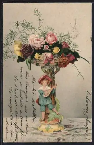 AK Kleiner Lautenspieler unter dem Rosenbouquet