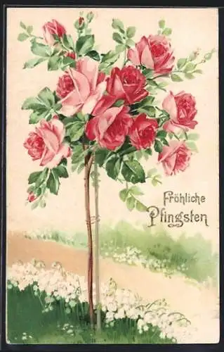 AK Fröhliche Pfingsten mit einem Rosenstämmchen