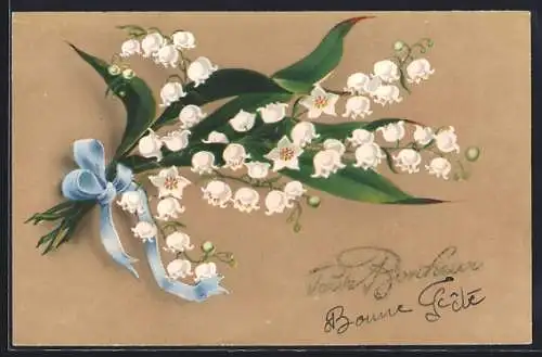 AK Blühende Maiglöckchen mit blauer Schleife