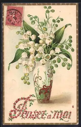 Präge-AK Maiglöckchen-Strauss in einer bunten Vase