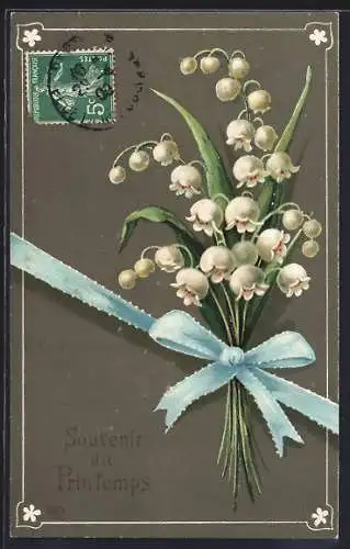 AK Maiglöckchenstrauss mit blauer Schleife