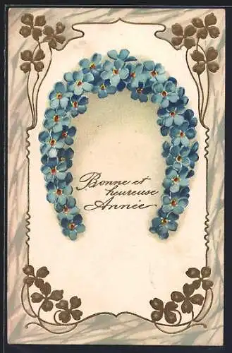 Präge-AK Hufeisen aus Vergissmeinnicht mit Neujahrsgruss