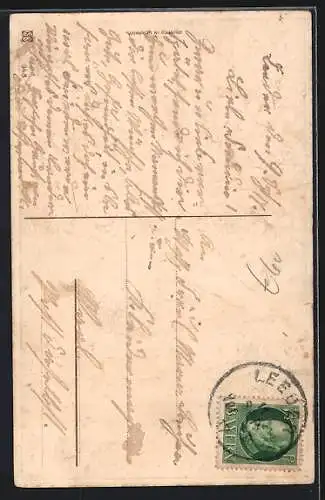 AK Vergissmeinnicht bilden ein Kleeblatt, Fliederbüsche, Tauben und Gruss zum Namenstag