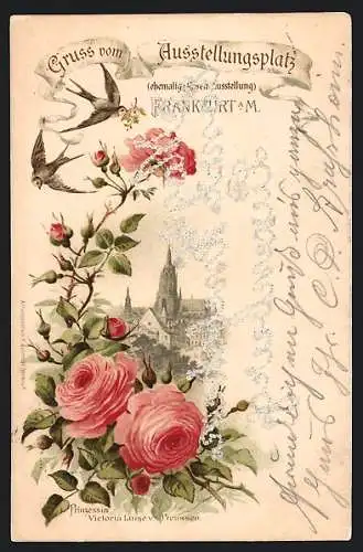 Lithographie Frankfurt a. M., Gruss vom Ausstellungsplatz, Rosen und Schwalben, eingestickte Adresse rückseitig