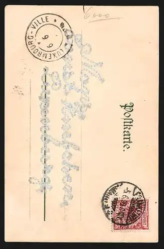 Lithographie Frankfurt a. M., Gruss vom Ausstellungsplatz, Rosen und Schwalben, eingestickte Adresse rückseitig