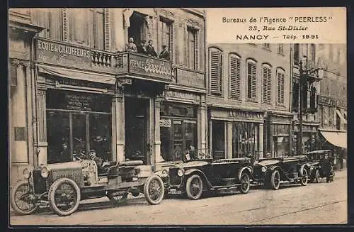 AK Nancy, Bureaux de l`Agence Peerless avec voitures devant le 23 rue St-Dizier