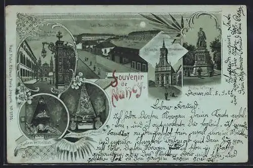 Mondschein-Lithographie Nancy, Souvenir avec les Nouveaux Casernes et Fontaine de Stanislas