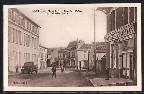 AK Custines, Rue de l`Église avec la Nouvelle École et épicerie