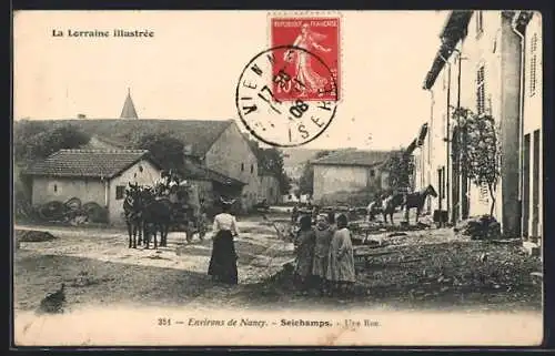 AK Seichamps, Une rue animée avec chevaux et charrette