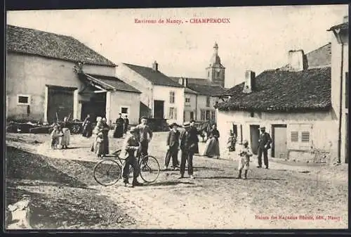 AK Champenoux, Scène animée de village avec habitants et cycliste