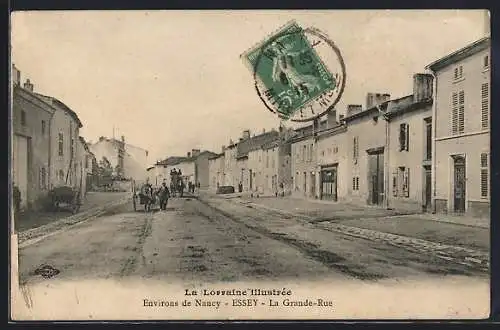 AK Essey, La Grande-Rue avec charrette et maisons alignées