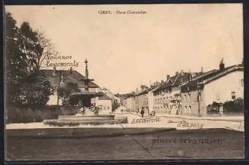 AK Cirey, Place Chevandier avec fontaine et bâtiments résidentiels