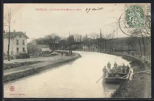 AK Einville, Le Canal de la Marne au Rhin avec barque et rive arborée