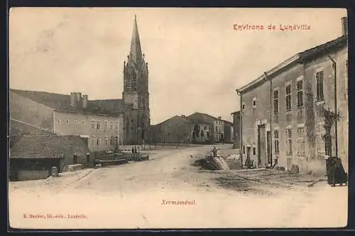 AK Xermaménil, Vue du village avec église et bâtiments adjacents