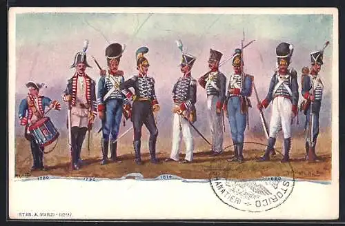 Künstler-AK Granatieri di Sardegna, Uniformen der sardischen Infanterie 1780 - 1820