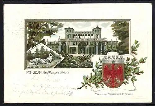 Passepartout-Lithographie Potsdam, Königl. Orangerie-Gebäude und schlafende Ariadne, Wappen