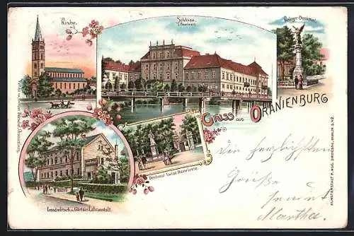 Lithographie Oranienburg, Landwirt. Gärtner-Lehranstalt, Schloss, Kirche, Krieger-Denkmal