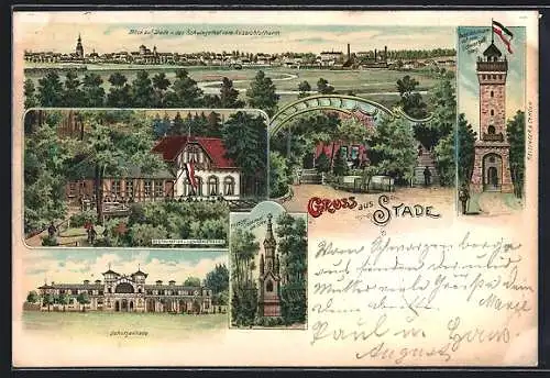 Lithographie Stade, Restaurant und Aussichtsturm a. d. Schwarzenberg, Schützenhalle, Kriegerdenkmal