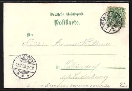 Lithographie Stade, Restaurant und Aussichtsturm a. d. Schwarzenberg, Schützenhalle, Kriegerdenkmal