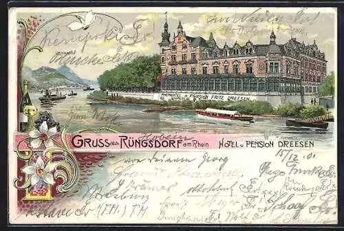 Lithographie Rüngsdorf, Hotel & Pension Dreesen, Drachenfels