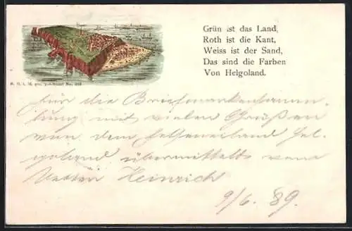 Lithographie Helgoland, Panorama der Insel mit Gedicht