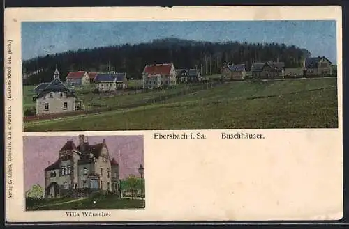 Luna-AK Ebersbach i. Sa., Villa Wünsche, Blick auf die Buschhäuser