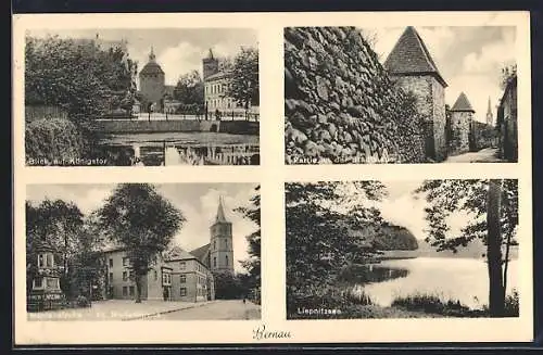 AK Bernau / Mark, Blick zum Königstor, Stadtmauerpartie, Mühlenstrasse mit der St. Marienkirche, Liepnitzsee