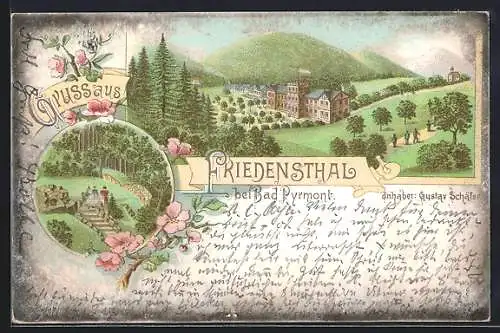 Lithographie Bad Pyrmont, Hotel Friedensthal, Partie im Garten