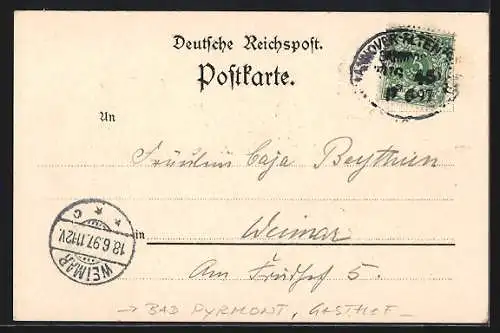 Lithographie Bad Pyrmont, Hotel Friedensthal, Partie im Garten