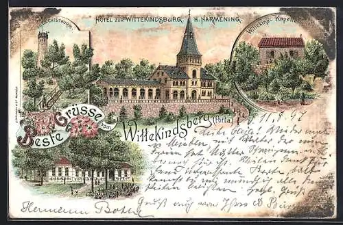 Lithographie Porta Westfalica, Hotel zur Wittekindsburg v. H. Harmening, Wittekind-Kapelle, Aussichtsturm