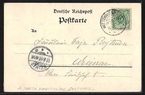 Lithographie Porta Westfalica, Hotel zur Wittekindsburg v. H. Harmening, Wittekind-Kapelle, Aussichtsturm